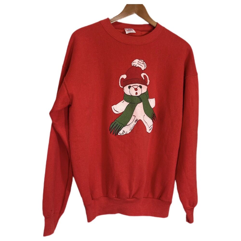 Vintage Christmas Teddy Bear Puff Paint Sweatshirt XL Red Grannycore